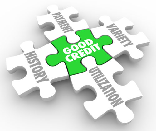 A series of five labelled puzzle pieces representing how “good credit” in the center connects “payment,” “history,” “variety,” and “utilization”.