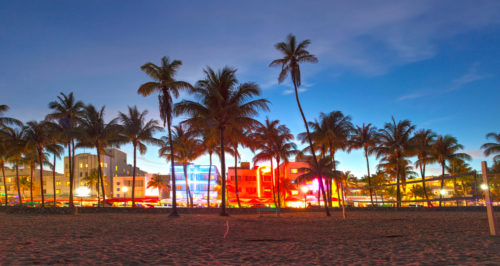 Hotels and storefronts are seen through palm trees from the beach on Ocean Drive in Miami Beach, Florida.
