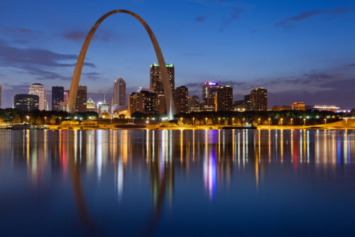 The skyline of the city of St. Louis, Missouri at night as seen from the Mississippi River