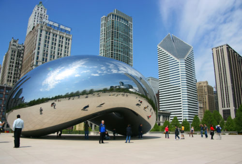 The Cloud Gate sculpture at Millennium Park in Chicago, Illinois