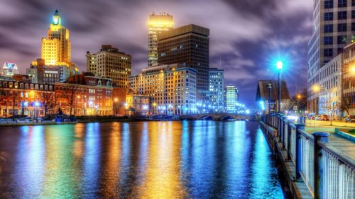 The Providence, Rhode Island skyline at night.