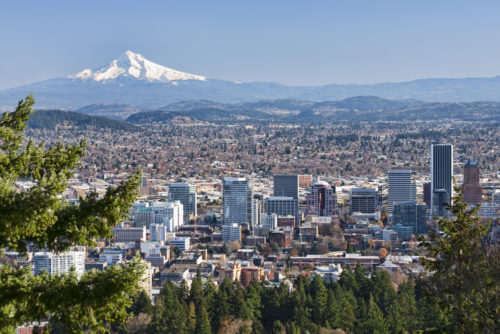 A view from outside the city of Portland, Oregon, with trees in the foreground and a snow-capped mountain against blue sky in the background.