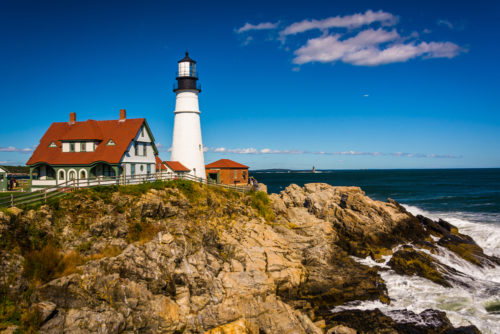 Portland Head Lighthouse on the Atlantic Ocean at Fort Williams Park in Cape Elizabeth, Maine