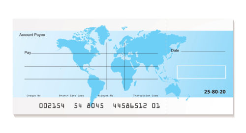 A blank check with the map of world imprinted on it in blue.