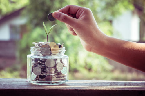 hand putting coin into jar of coins out of which plant is growing.