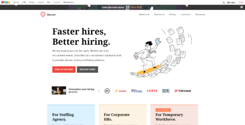 A screenshot of Zoho Recruit’s homepage