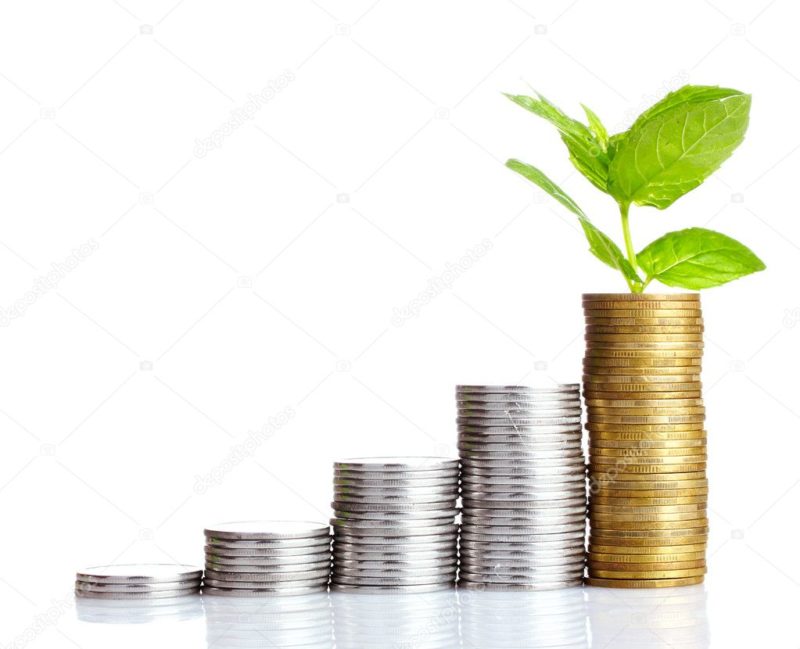 A set of five stacks of coins of increasing size with a white background. The largest stack has a sproutling emerging from it.