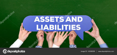 Three sets of hands holding up a word bubble that says assets and liabilities.