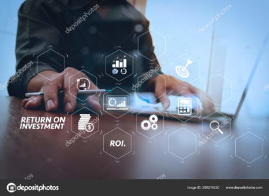 An image of a person doing research on a laptop, overlayed with graphics referencing financial research and the words “return on investment.”