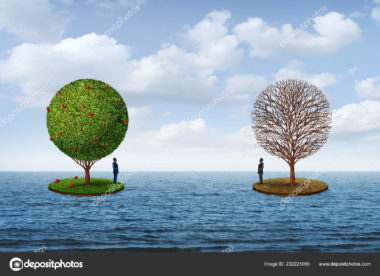 An image of an ocean with two islands. Each island has a tree and a man standing and facing the other island. One island has grass and a green, fruit-bearing tree; the other island has dead grass with a dead tree.