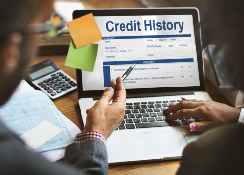 A man and his financial advisor sit at a laptop where the screen reads "credit history."