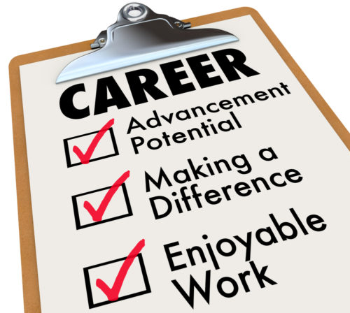 A graphic of a clipboard labeled "career," while listing career goals such as "advancement potential," "making a difference," and "enjoyable work."