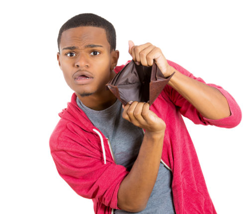 An upset victim of a ponzi scheme holds a wallet open with no money in it.
