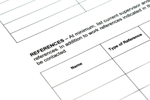 The references section of a job application, prompting the applicant to list previous supervisors and work references.