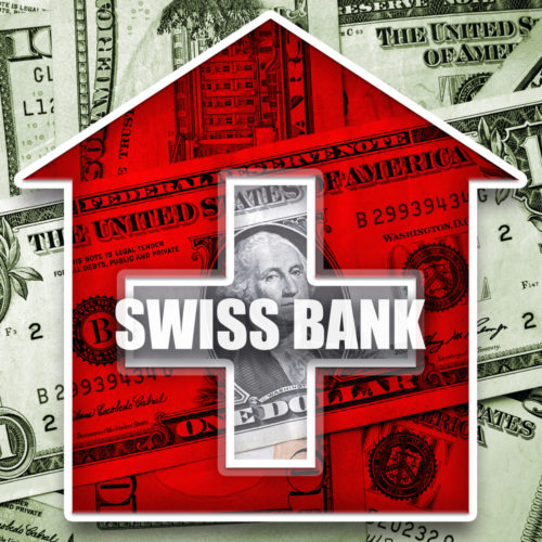 A graphic of a red house with a cross that says "Swiss bank" superimposed over a pile of dollar bills.