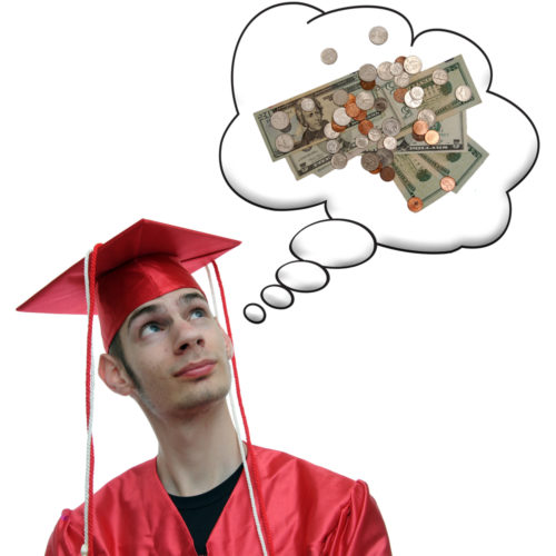 A thought bubble coming from a newly graduated man in a cap and gown, with cash and coins in it.
