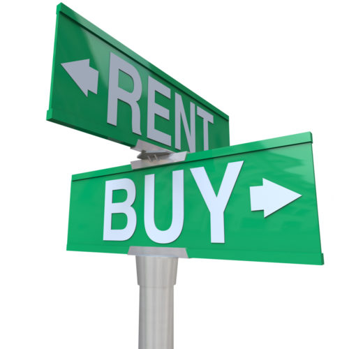 A graphic of a street sign with markets pointing in different directions that read "rent" and "buy."