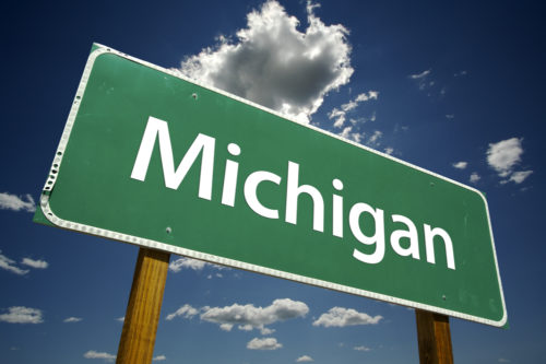 A road sign that reads "Michigan."