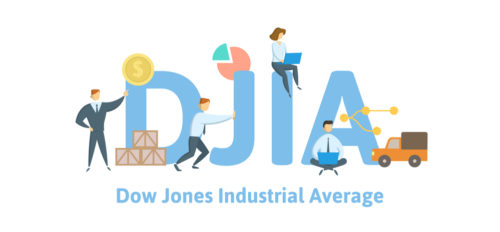 A concept graphic of people interacting with the letters DJIA, and the words "Dow Jones Industrial Average" under it.