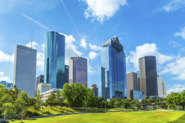 A photo of the skyline of Houston.