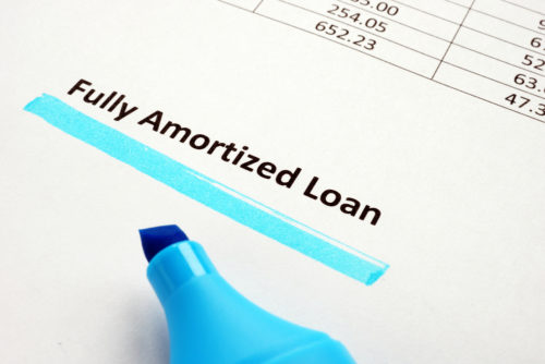 A blue market underlines the words "fully amortized loan" on an auto loan contract.