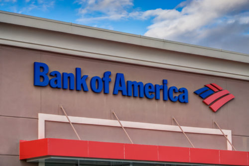 An image of the exterior of a Bank of America.