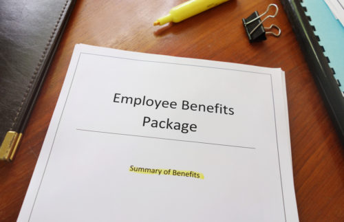 A document labeled "employee benefits package," with highlighted words below it that read "summary of benefits."