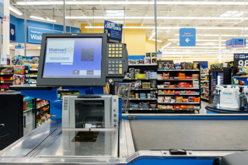 An image from behind the till at a Walmart supermarket.
