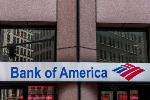 An image of the exterior of a Bank of America.