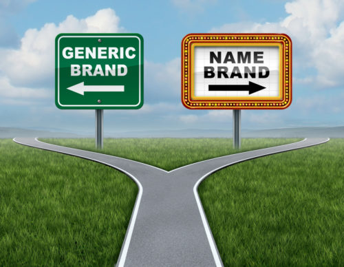 A graphic of a fork in the road. One way marked with a road sign that reads "generic brand," the other way marked with a road sign that reads "name brand."