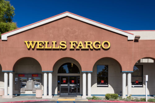 An image of the exterior of a Wells Fargo bank.