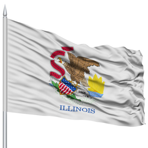 An image of the Illinois state flag flying on a flagpole.