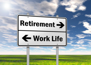 A traffic sign where the first half reads "retirement" and has an arrow pointing right, and the bottom half reads "work life" and is pointing left.
