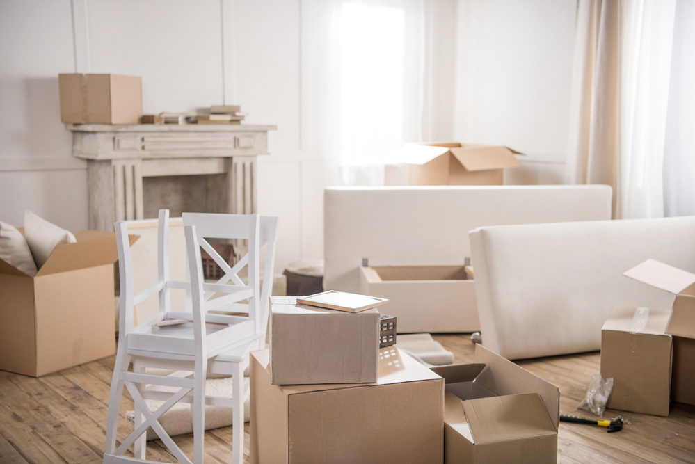 An apartment is filled with boxes in the process of moving out.