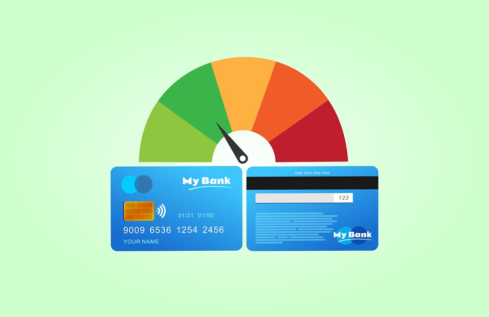 Graphic of a credit card with a gauge above it pointing to the green zone depicting a credit card utilization calculator