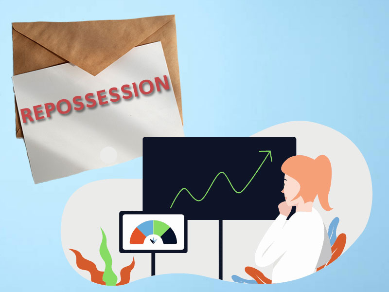 Repossession text on a white paper inside an envelope and a person watching the credit score graphicsgraphics