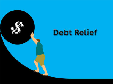 graphics of a man pushing a dollar sign debt