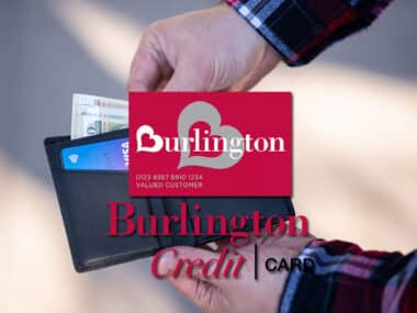 black wallet on a person's hand and Burlington credit card graphics